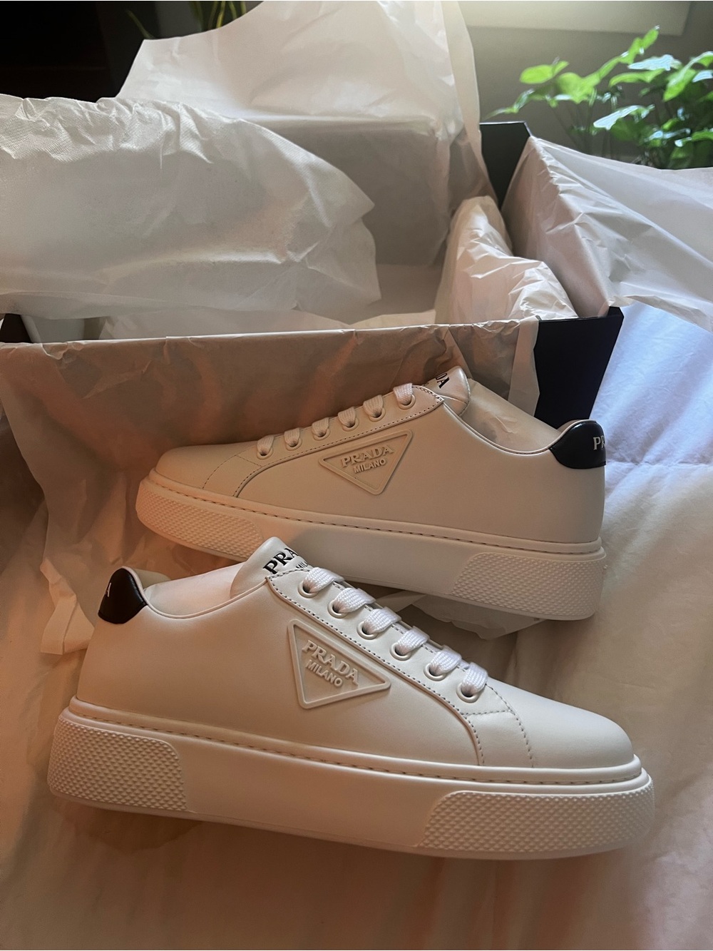 Prada White Leather Sneakers with Black Heel Tab